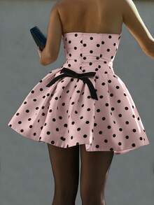 White Polka Dot Print Cropped Halter Butterfly Back Ruched Waist A-Line Short Dress - Baby Pink - View 1