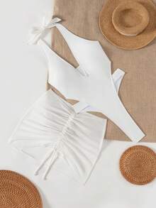 Swim SXY Women Solid Thick Strap Backless High Cut Mesh Tankini With Front Drawstring Tie 2-Piece Swimsuit - White - View 3