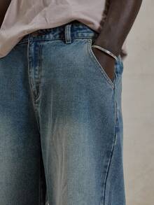 Musero 宽松水洗牛仔裤，缝线纽扣门襟，配有腰带环，冬季必备街头风单品 - 中等水洗藍 - 查看 5