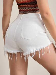 SHEIN Tall Women's Casual Solid Color Distressed Frayed Hem Fitted Denim Shorts, Summer - White - View 2