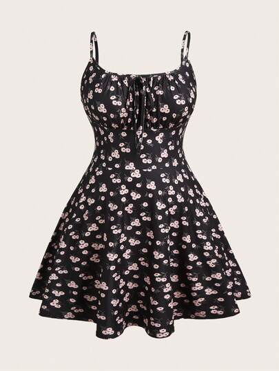 SHEIN EZwear Plus Size Sleeveless Knitted Fabric Floral Print Mini Dress With Spaghetti Straps And Ruched Detail Short Floral Dress Short Sundress Wildflower Dress Corset Top Dress