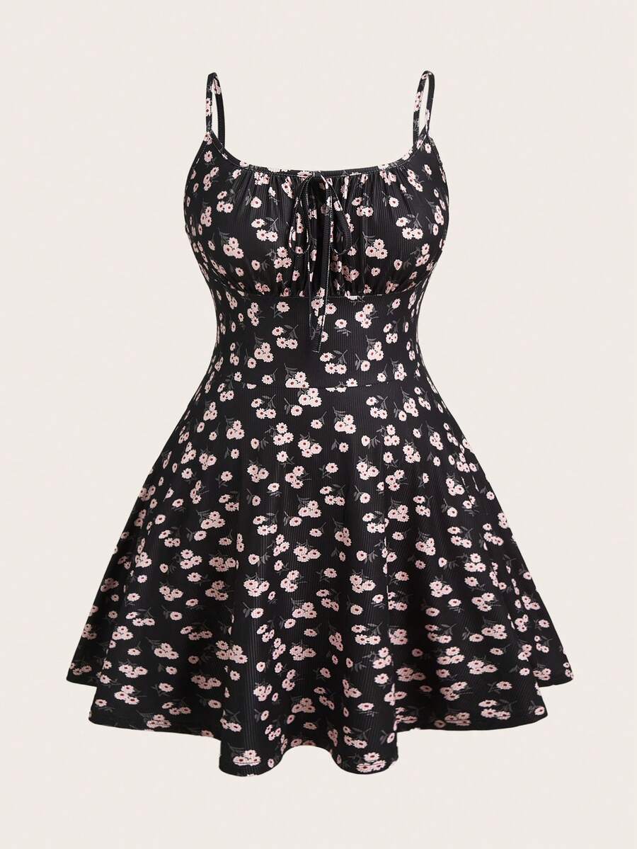 SHEIN EZwear 性感黑色针织紧身迷你连衣裙,细肩带,夏季 - 彩色 - 查看 1