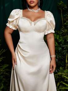 French Elegant Lace Trim Puff Sleeve Satin Midi Bodycon Dress - Apricot - View 5