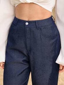 Modelyn 女士口袋直筒休闲牛仔效果宽松蓝色裤子 - 藍色 - 查看 2