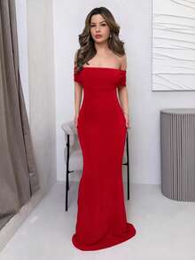 Jemour Women's Solid Color Off Shoulder Sexy See-Through Elegant Fishtail Backless Tight Graduation Season Dress - Burgundy - View 5