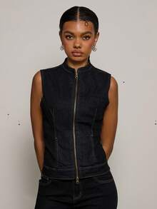 COUREZ FITTED SLEEVELESS DENIM TOP WITH CURVED COLLAR - Dark Wash - View 5