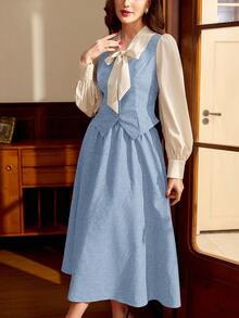 Vintamour 复古经典优雅学院风女式两件套，秋冬缎带领长袖两件套，咖啡色两件套 - 淺藍色 - 查看 6