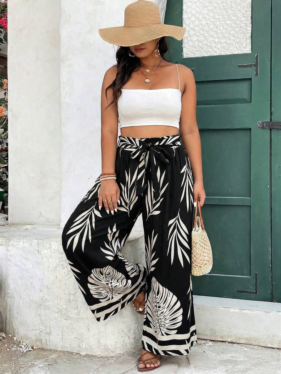 SHEIN Frenchy 大码休闲度假植物印花系带阔腿裤 - 黑色 - 查看 1