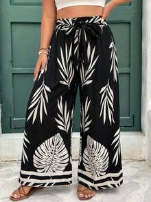 SHEIN Frenchy 大码休闲度假植物印花系带阔腿裤 - 黑色 - 查看 6
