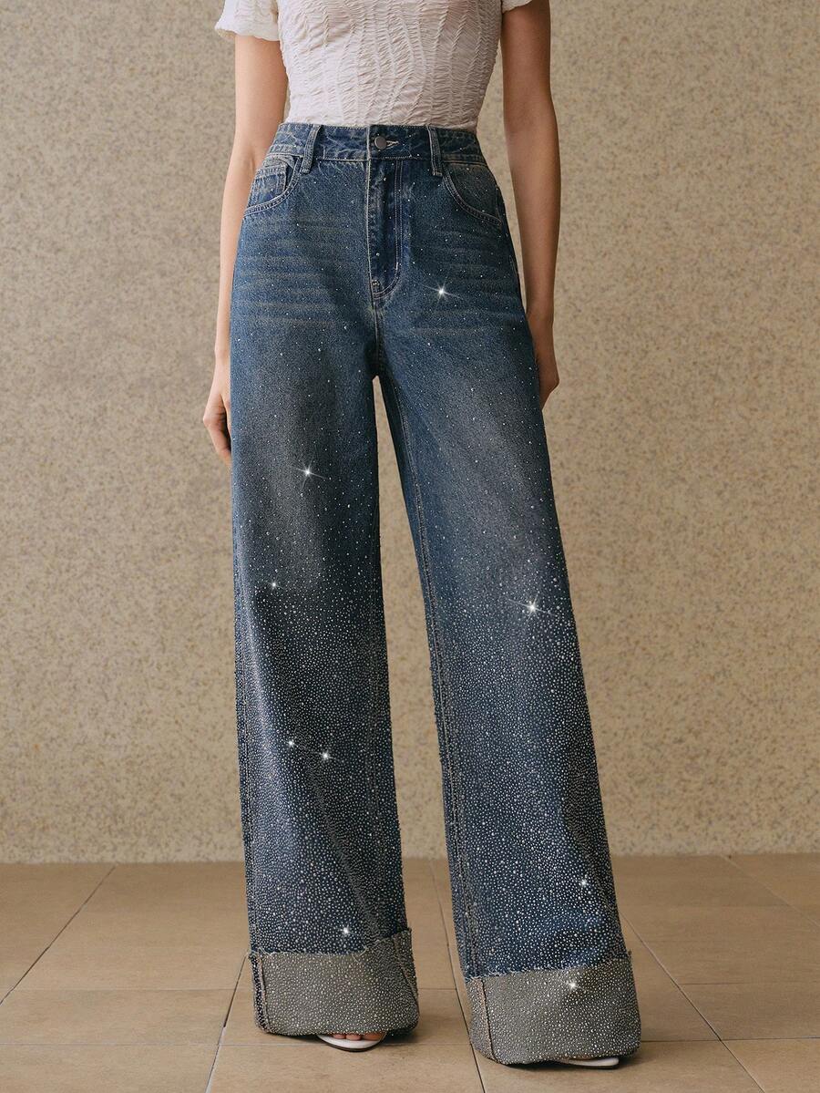 Anewsta New Rhinestone Embellished Women's Blue Straight Leg Jeans Bling Jeans Studded Jeans Wide Leg Jeans Woman Rhinestone Denim Rhinestone Jeans - Blue - View 1