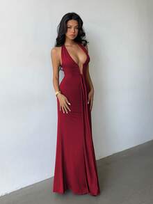 Glamine Đầm maxi màu đỏ rượu vang gợi cảm cổ chữ V, dây buộc cổ, lưng hở, không tay, xếp ly, thích hợp cho biểu diễn, câu lạc bộ, hẹn hò, đường phố, thu đông, thanh lịch, dạ hội, tiệc tùng, sinh nhật, tiệc tùng, lễ tình nhân. - Màu Đỏ Sâu - Xem 3