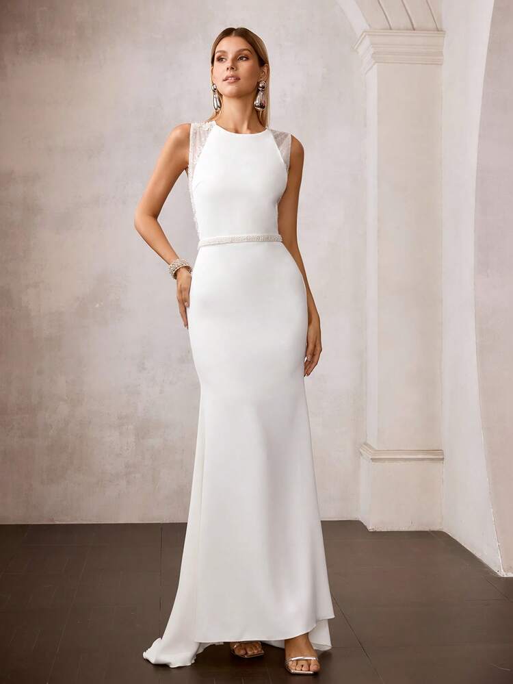 MOTF Soiréza VESTIDO DE RENDA ELEGANTE COM CONTRASTE E COSTAS ABERTAS, PRIMAVERA/VERÃO - Branco - Visão 5