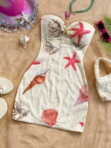 Vestido corto ajustado de mujer para vacaciones, de punto blanco con textura, sin tirantes, escote en pico, fruncido, decoración de estrella de mar metálica, para fiesta sexy, cita, playa, vacaciones de verano - Multicolor - Ver 7