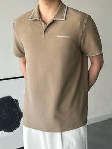 DAZY Men's Polo Shirt With Letter Embroidery And Contrast Collar Stitching Design, Summer - Khaki - View 3