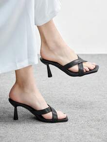 CUCCOO BIZCHIC 黑色交叉绑带方头坡跟凉拖鞋，简约优雅百搭通勤鞋 - 黑色 - 查看 4