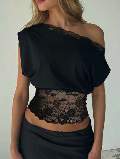 SHEIN SXY Black Elegant Lace Splice Asymmetric Collar Blouse,Valentine's Day,Black Top,Summer ,Summer ,Off Should ,Elegant ,Sheer