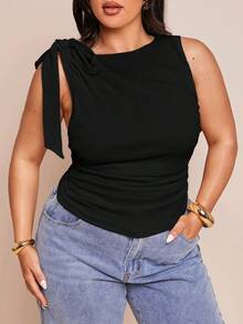 SHEIN BAE Plus Size Women Solid Texture Asymmetric Neck Knot Shoulder Tops For Spring Summer,Country Concert - Black - View 7