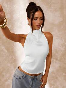 SHEIN BAE Apricot Color Backless Draped Neck Women's Tank Top, Sexy & Elegant Camisole For Spring/Summer - White - View 6