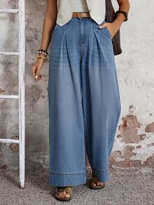 EMERY ROSE Women's Pocketed Button Pleated Casual Versatile Daily Wear Wide Leg Jeans,Women's High Waist Wide Leg Denim Pants – Pleated Loose Fit Summer Casual Outfits,Women's Pleated Wide Leg Denim Jeans High Waist Y2K Coquette Street Style,Women's Elegant Wide Leg Denim Trousers – High Waist Pleated Vacation Style,Women's Light Wash High-Waist Wide Leg Denim Pants, Featuring Front Pleated Detailing, Loose Flowy Silhouette, Side Pockets, And Wide Cuffed Hems. Soft Breathable Denim Fabric, Versatile Styling, Perfect For Summer Daily, Vacation, Y2K Coquette & Casual Streetwear Looks,WideLegJeans, HighWaistDenim, PleatedDenim, LightWashDenim, SummerJeans, Y2K, CoquetteStyle, CasualStreetwear - Blue - View 1