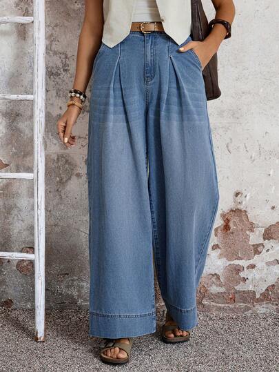 EMERY ROSE Women's Pocketed Button Pleated Casual Versatile Daily Wear Wide Leg Jeans,Women's High Waist Wide Leg Denim Pants – Pleated Loose Fit Summer Casual Outfits,Women's Pleated Wide Leg Denim Jeans High Waist Y2K Coquette Street Style,Women's Elegant Wide Leg Denim Trousers – High Waist Pleated Vacation Style,Women's Light Wash High-Waist Wide Leg Denim Pants, Featuring Front Pleated Detailing, Loose Flowy Silhouette, Side Pockets, And Wide Cuffed Hems. Soft Breathable Denim Fabric, Versatile Styling, Perfect For Summer Daily, Vacation, Y2K Coquette & Casual Streetwear Looks,WideLegJeans, HighWaistDenim, PleatedDenim, LightWashDenim, SummerJeans, Y2K, CoquetteStyle, CasualStreetwear