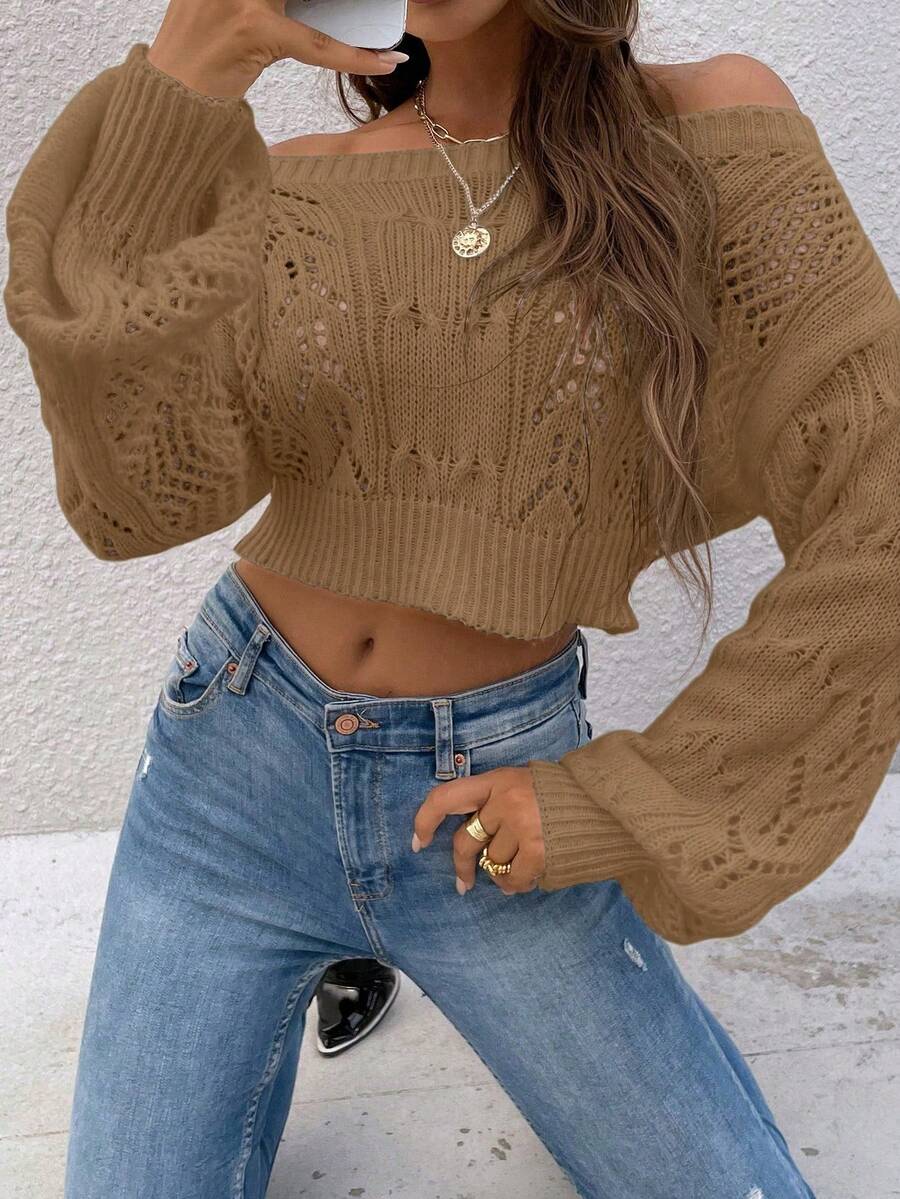 Almamuse Suéter corto de mujer con hombros descubiertos y mangas largas caídas - Camel - Ver 1