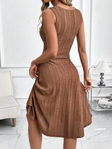 SHEIN Clasi 女士纹理圆领无袖褶皱休闲连衣裙 - 棕色 - 查看 2