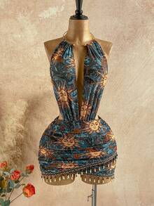 Soleia 女士性感复古图案网纱深V领串珠装饰紧身迷你连衣裙，适合节日派对、圣诞节、约会之夜、夜店、波西米亚风、度假、秋季等场合。 - 藍色 - 查看 6