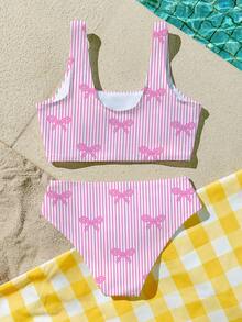 Cute Striped Bow Print, Cream Pink, Beach Vacation, #Coconutgirl, Tween Girls Casual Minimalist Camisole & Triangle Bikini Swimsuit Set, Suitable For Summer Princess Chic, Little Stars, Tween Girl Swimwear, Vacay Romance - Pink - View 4