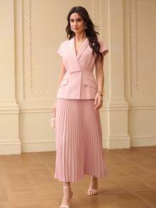ZEYLAH Elegant Lady's V-Neck Pleated A-Line Midi Dress, Light Pink, Spring/Summer - Dusty Pink - View 1