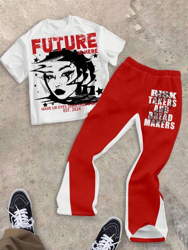 SHEIN 两件套青少年男童经典酷炫眼睛图案印花T恤和喇叭裤休闲套装，时尚标语印花，金钱符号印花，适合夏季、秋冬季节，男童套装，儿童男童服装，男童裤子，男童T恤，图案T恤，返校季，Y2K风格服装，复古服装，街头服饰