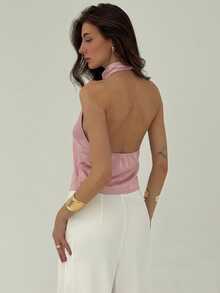 Aloruh 女士时尚纯色不对称下摆露背吊带上衣 - 藕粉色 - 查看 2