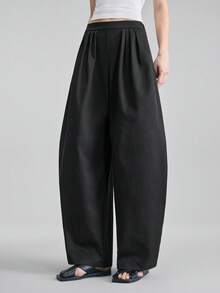 Ontre Damen hochwertige schwarze bequeme, weiche Stoff Hose mit Falten vorne, Seitentaschen, elastischem Bund und weitem Bein, anspruchsvolle urbane Mode für Business-Lässig Bürokleidung, zeitloser eleganter Stil geeignet für Flughafen, Kreuzfahrt, Hochzeiten im Nahen Osten, minimalistische Luxus-Essentials - Schwarz - Übersicht 5