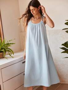 Bohemian Casual Vacation Jacquard Cotton Tie-Up Spaghetti Strap A-Line Loose Women Homewear Dress - Baby Blue - View 4