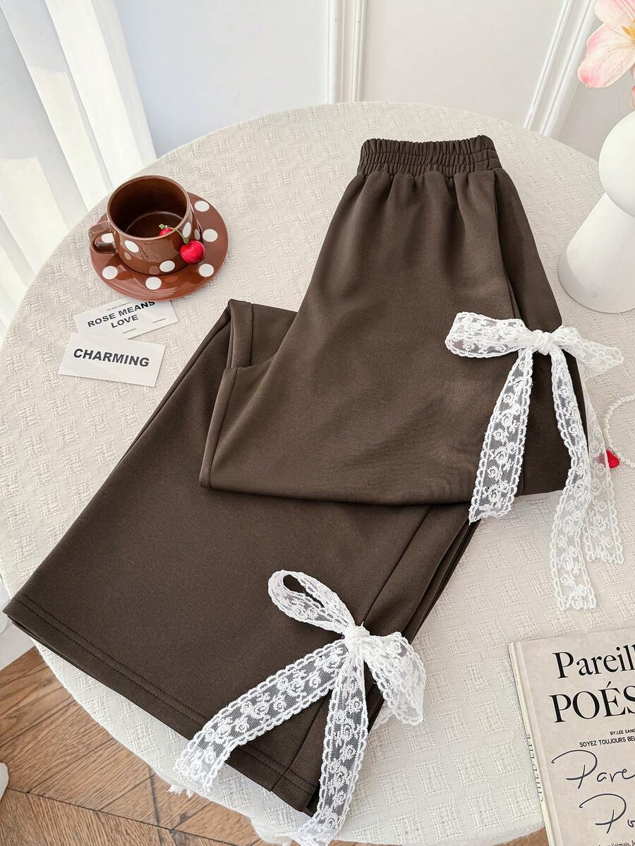 Sweetra Women's New Spring/Summer Casual, Work, Commute, Picnic Solid Brown Side Seam Ruffle Bow Design Collegiate Style Cute & Versatile Women Pants - Coffee Brown - View 1
