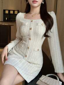 xheDAZY Vestido corto de mujer con cuello cuadrado, textura y decoración de botones para cóctelxhe - Beis 2 - Ver 7