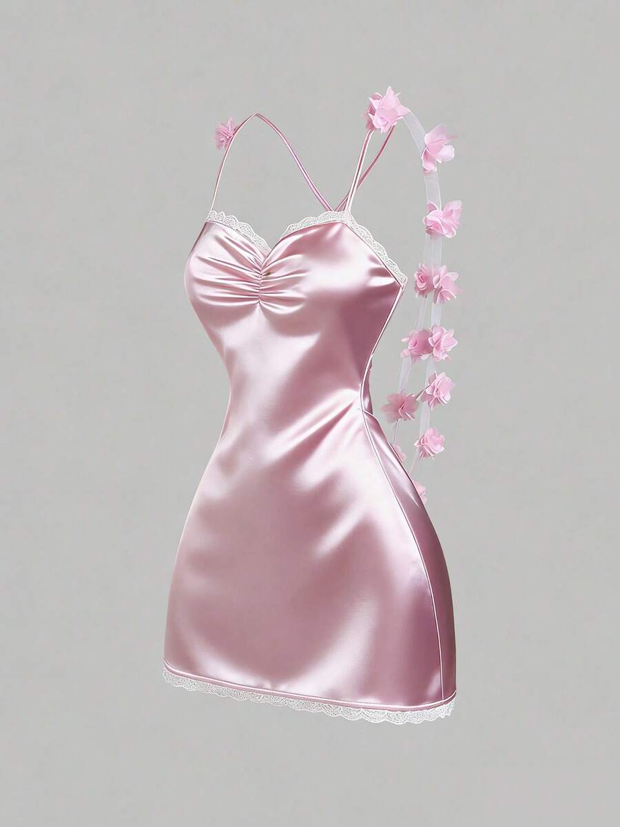 Sweetra 女士秋季复古性感修身蕾丝边缎面派对连衣裙，多层低胸无袖紧身鸡尾酒裙，粉色 - 粉色 - 查看 1