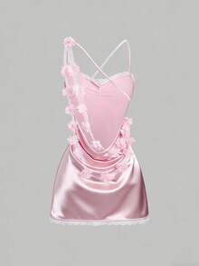 Sweetra 女士秋季复古性感修身蕾丝边缎面派对连衣裙，多层低胸无袖紧身鸡尾酒裙，粉色 - 粉色 - 查看 2