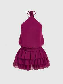 ROMWE 性感露背吊带多层裙摆迷你连衣裙 - 紫色 - 查看 1