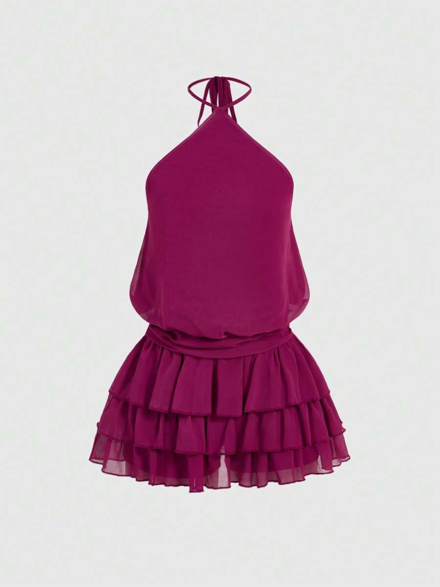 ROMWE 性感露背吊带多层裙摆迷你连衣裙 - 紫色 - 查看 1