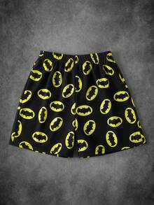 BATMAN X SHEIN Tween Boy Casual Everyday Commute Fashion Street Bat Logo Allover Print Elastic Waist Shorts, Summer - Black - View 1