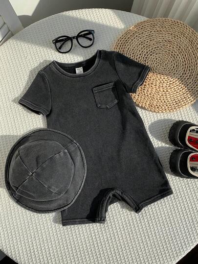 SHEIN Bộ 2 món cho bé trai/bé gái sơ sinh, kiểu dáng thường ngày, dễ thương, in họa tiết bông tuyết nhuộm màu tie-dye, áo liền quần tay ngắn và mũ rộng vành, thích hợp cho mùa xuân/hè, quần áo trẻ em trai, trang phục đường phố.