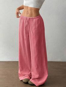FavEase 2026夏季新款柔软棉纱休闲宽松直筒裤，低腰纯色设计，适合日常穿着和约会。 - 粉色 - 查看 5