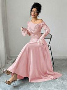 Modelyn 女士秋季棕色性感不对称肩部网纱刺绣长袖高腰A字连衣裙 - 粉色 - 查看 7