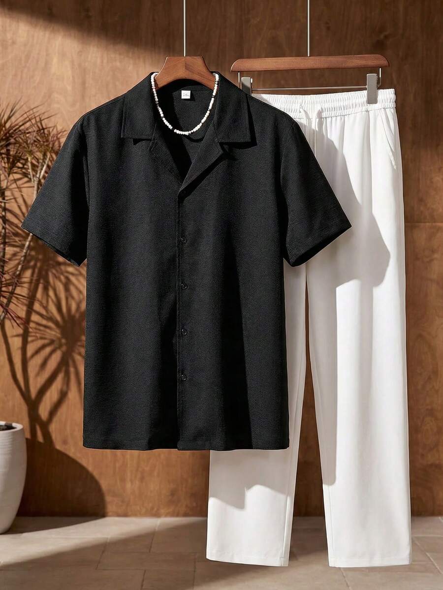 AKNOTIC Bộ áo sơ mi nam tay ngắn màu trơn, kiểu dáng thường ngày, thích hợp cho mùa hè. - Nhiều màu - Xem 1