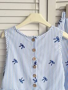 SHEIN Tween Girls Vacation Casual Woven Blue Bow Print Striped Cami Top & Wide Leg Pants Set,Bule Striped Vest Two Pieces Set - Blue - View 6