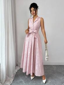 Elenzga 优雅无袖A字连衣裙，花卉提花面料，系带腰身，前开襟，修身剪裁，适合工作和休闲场合，春夏款 - 粉色 - 查看 4