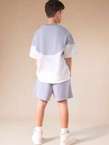 SUMWON Boys Color Block Short Sleeve Crew Neck T-Shirt And Matching Shorts Casual Summer Co-Ord Set With Logo Branding Vacation - Baby Blue - View 2