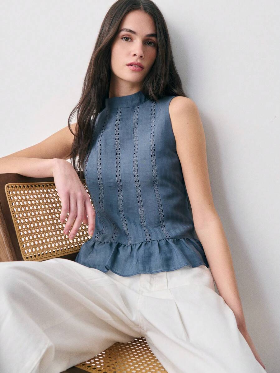 Nöista Sleeveless Blouse With Lace Stripes, A Medium Neckline, And A Ruffled Hem And Back Button Closure. Spring, Summer, Easter. - Navy Blue - View 1