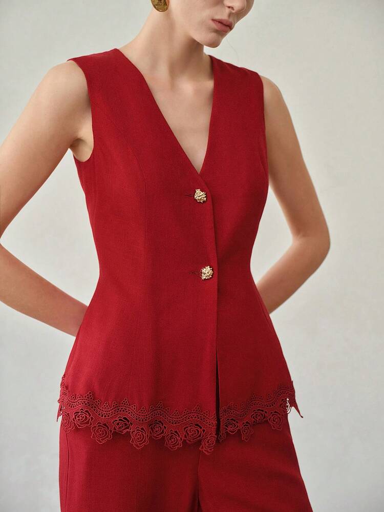 WOMEN'S RED ELEGANT FLORAL TRIM VEST & STRAIGHT LEG PANTS 2 PIECES SET