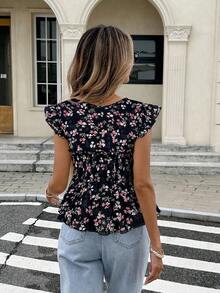 Serisse 女士碎花系带休闲衬衫，喇叭袖 - 粉色 - 查看 2